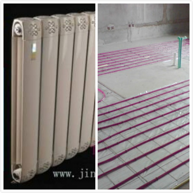 地暖和暖氣片的區(qū)別,左圖為金旗艦暖氣片，右圖為地暖實(shí)地鋪設(shè)。